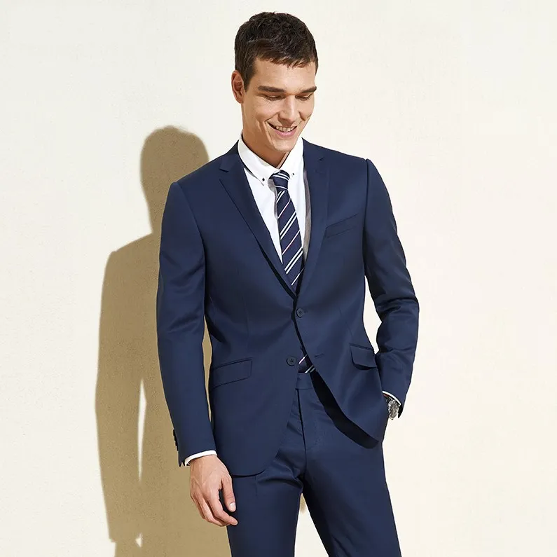 Designer Navy Blue Mens Suits Slim Fit Groomsmen Bruiloft Tuxedos Twee stukken Bruidegom Prijs Gekleed revers Business Blazers met jas en broek