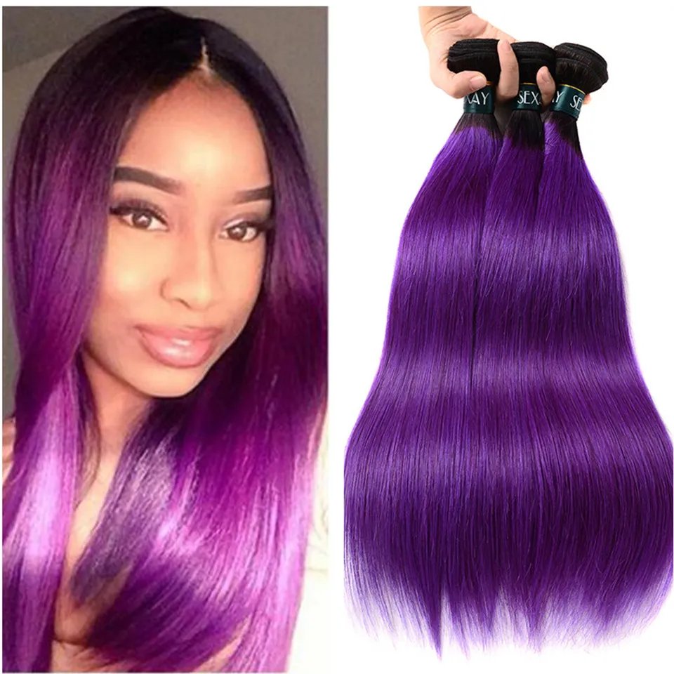 Dark Root Purple Straight Human Peruviaanse Virgin Hair Extension Silk Rechte Paars Haarverlenging 3 Stks Paars Ombre Haar Weeft Hoge Qualit