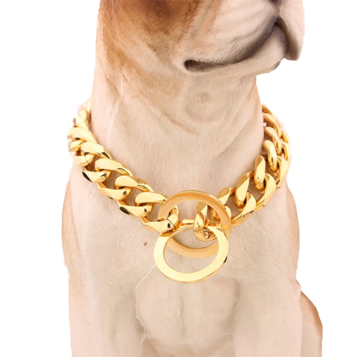 Hundezubehör, 30,5–55,9 cm 12–22 Zoll goldenes Hundehalsband, 13 mm breit, Ton, doppelter Bordstein, kubanischer Rombo-Link, 316L Edelstahl, Großhandel für Haustierschmuck