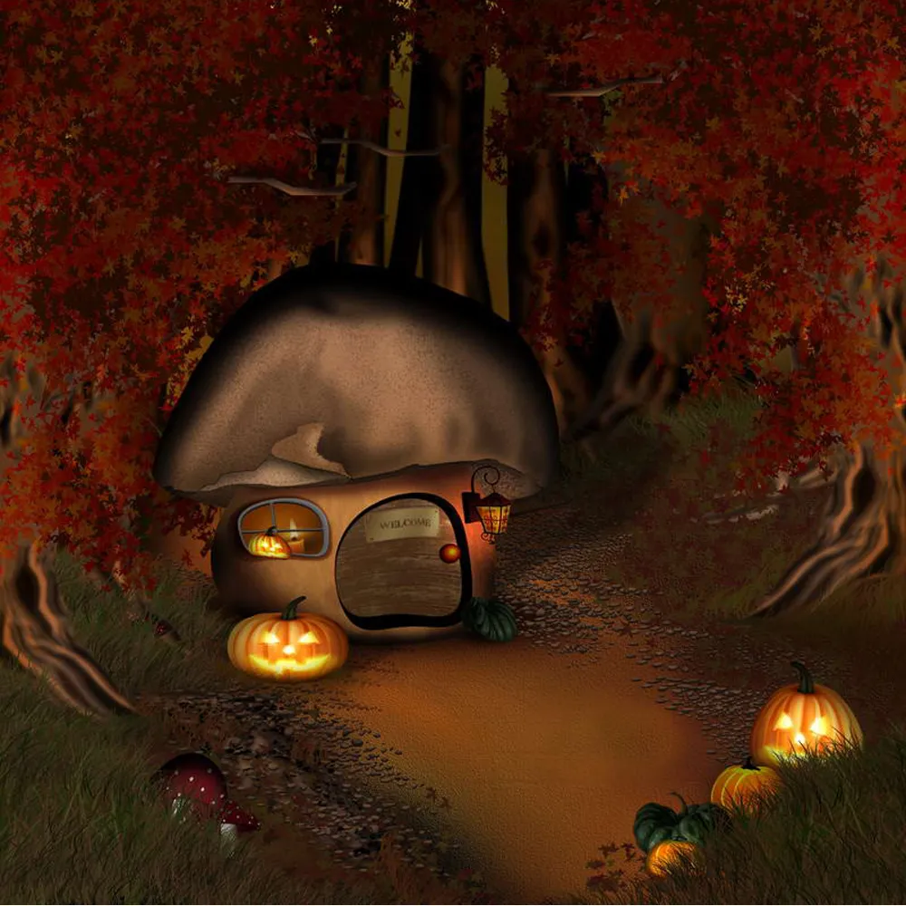 Arrière-plan de photographie de maison de champignon de conte de fées, arbres d'érable imprimés, lanternes de citrouille, arrière-plan de Photo de fête d'halloween pour bébés et enfants