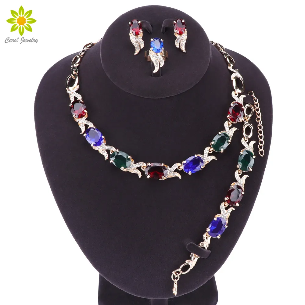 Ensemble de bijoux de mariage plaqué or pour femmes, pierres multicolores, Bracelet en cristal blanc, boucles d'oreilles, collier, pendentif, bagues