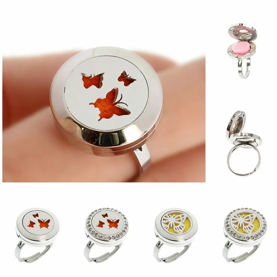 Butterfly 20mm eteriska oljor 316L Rostfritt stål Silver Aromaterapi Diffuser Locket Ring med Rhinestones Drop Shipping