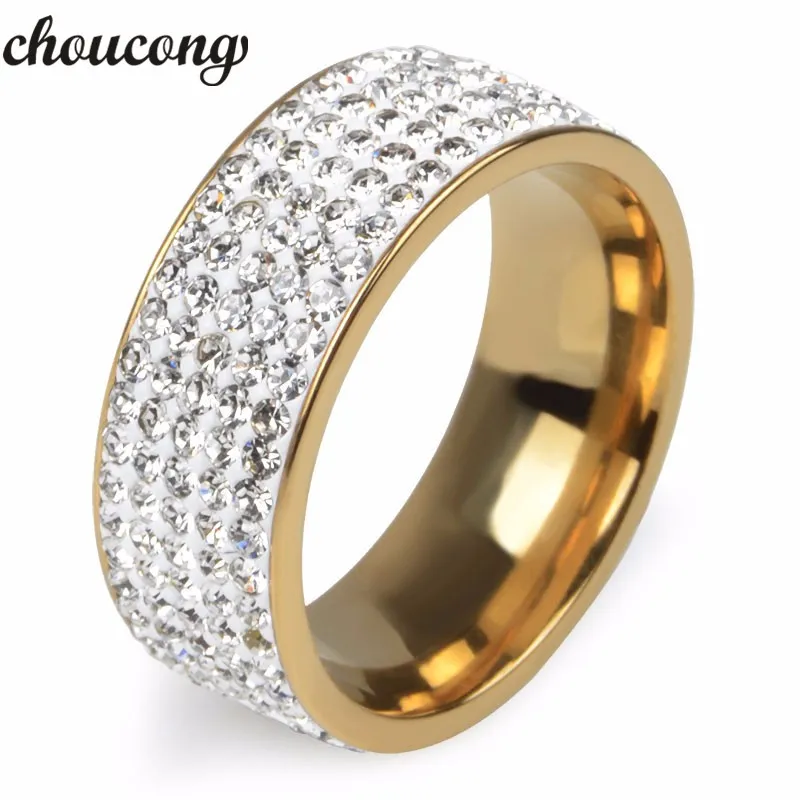 Choucong Moda Jóias 5 Fileiras Cristal Cz Casal Anel de Faixa de Aço Inoxidável Amante de Dedo Noivado Anéis de Casamento para Mulheres Homens