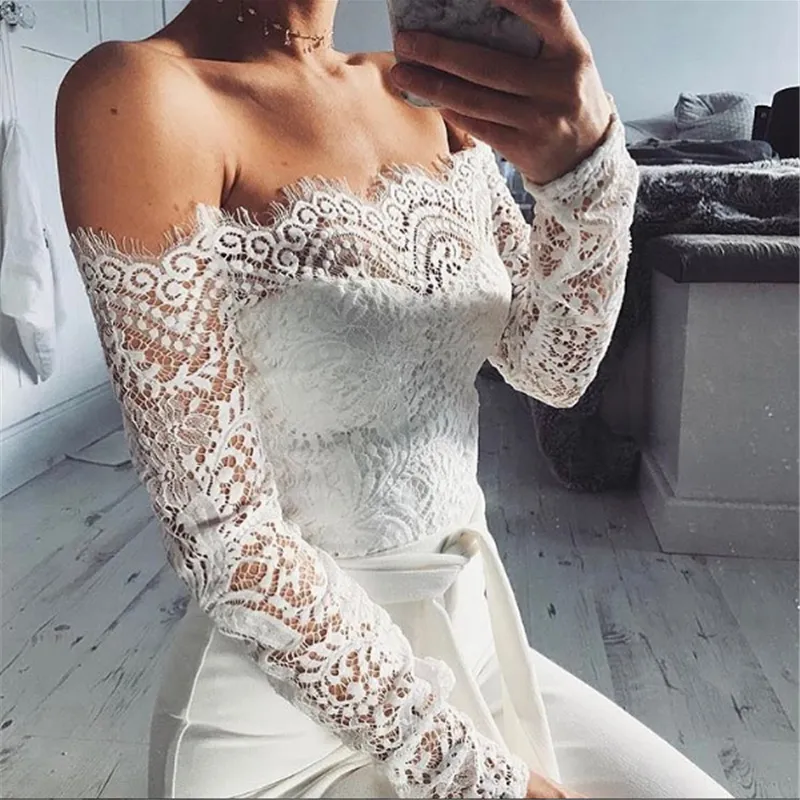 Sexy Womens Off Shoulder Jumpsuit - Lace Playsuit, Mesh