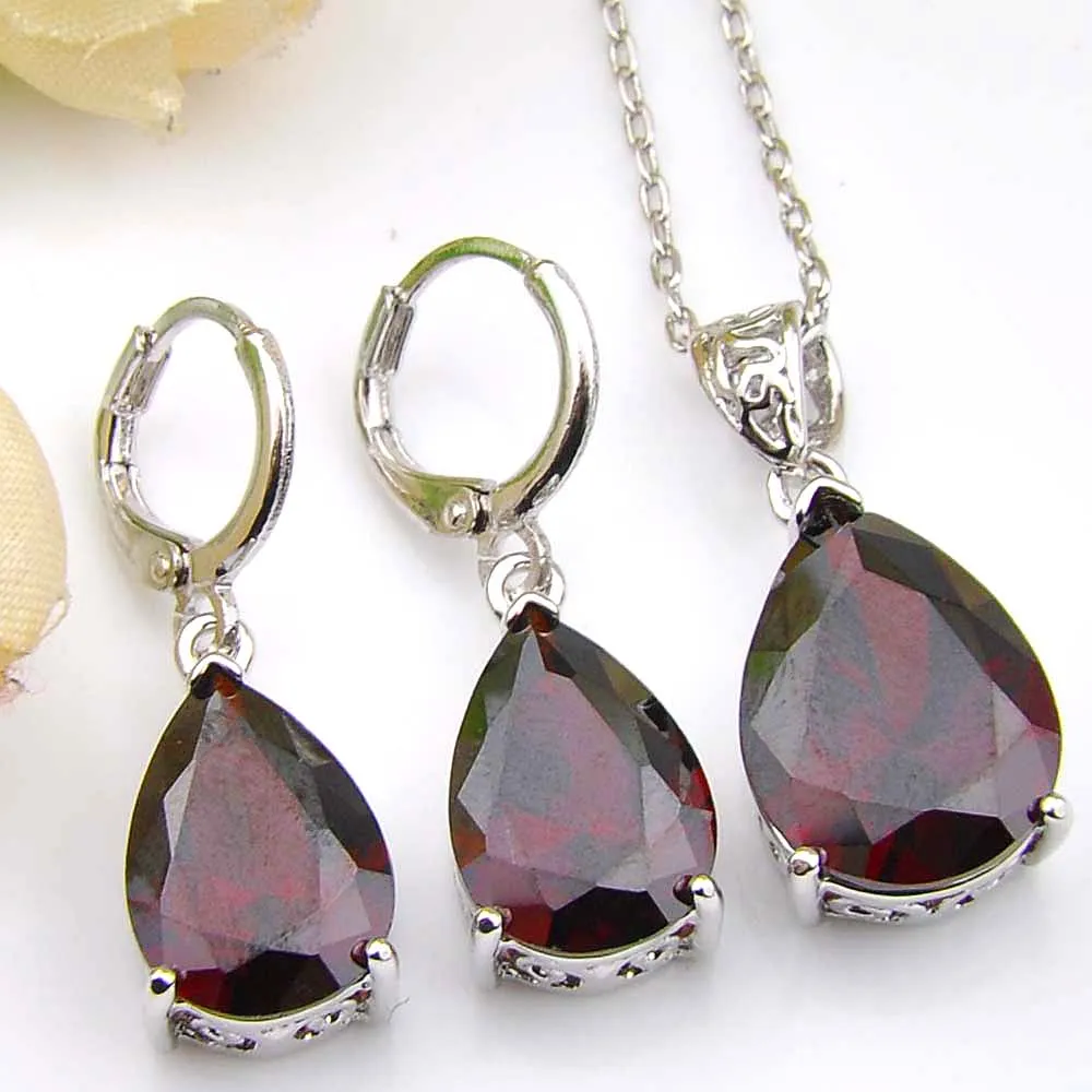 LUCKYSHINE 6 SETS / PARTIJ Mode Vintage Rode Garnet Crystal Cubic Zirconia 925 Silver Hangers Kettingen Daling Oorbellen Sieraden Sets