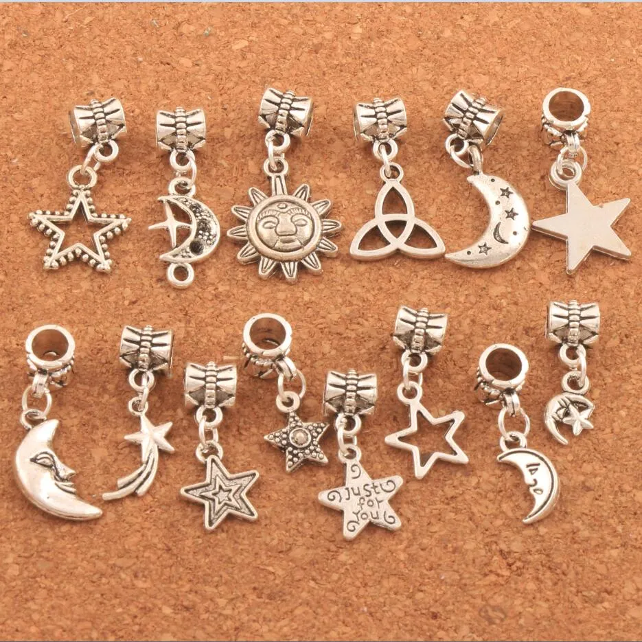 Perline di fascino miste di metalli stella luna sole 280 pz / lotto argento tibetano ciondola braccialetti europei adatti fai da te vendita calda