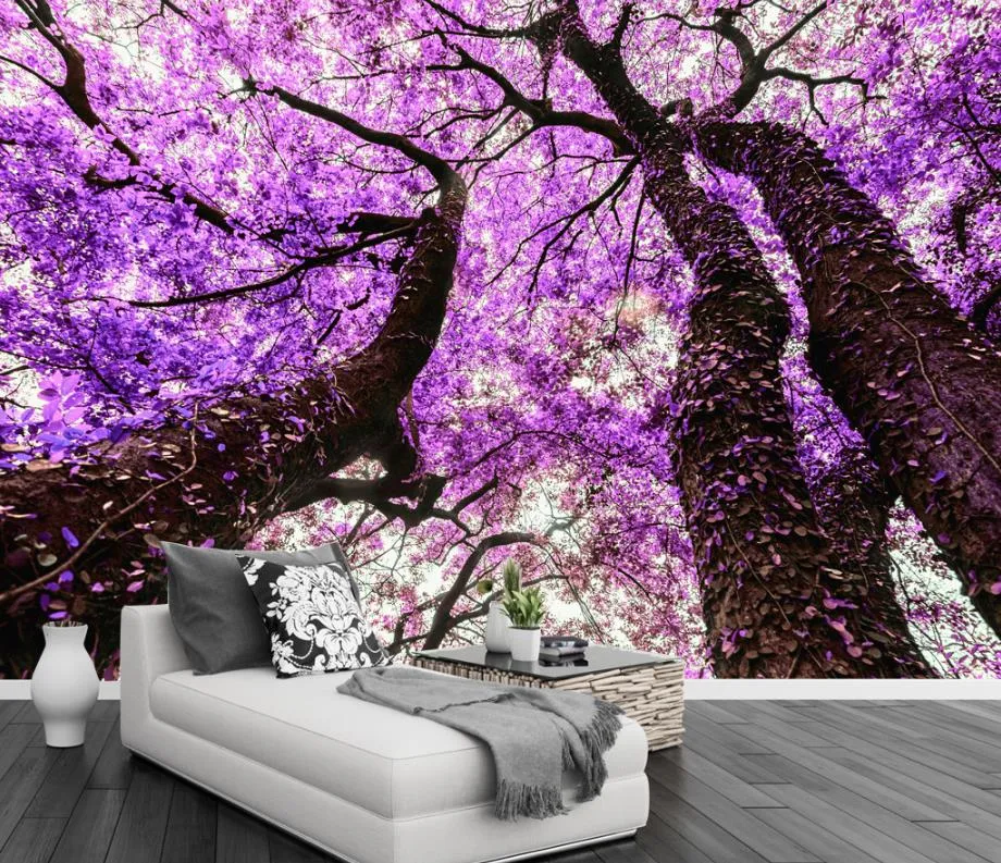 Carta da parati fotografica personalizzata Carta da parati con albero di fiori viola per soggiorno Camera da letto Decorazioni per la casa TV Sfondo murales