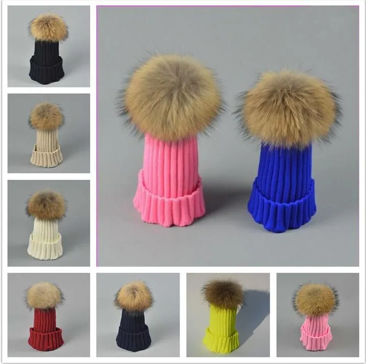 Quality Designer Childrens 100% Real Fur Ball Winter Warm Hats 15CM Pom Kids Rib Knit Acrylic Slouch Beanies Fancy Sports Baby Snow Cap Gift