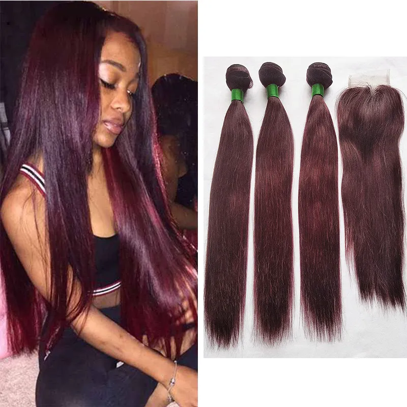 99J Colored Hair Bundles with Closure Brazilian Dark Wine Red Straight Human Hair Weave 3 Bundles with 4X4 Lace Closure Middle Part