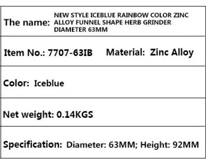 Nouveau Broyeur d'entonnoir en alliage de Zinc bleu glace à trois couches de couleur arc-en-ciel de diamètre 63mm