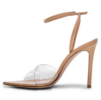 2018 Sandalias de tacón con punta afilada a la moda para mujer, zapatos de tacón alto con hebilla en el tobillo de PVC transparente