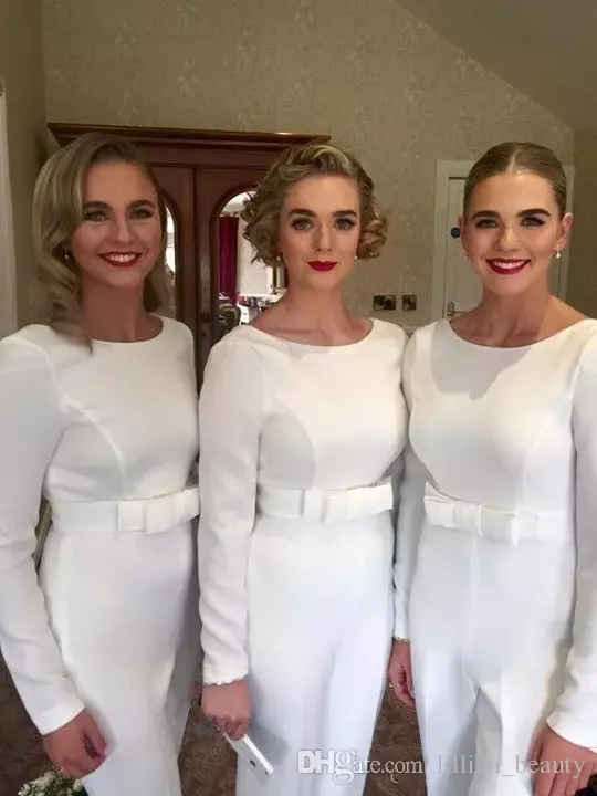 2019 White Pants Jumpsuit Bridesmaid Dresses Pant Suits Bateau Neck Long Sleeve Outfit Evening Gowns With Bow Waistband Wedding Guest Dress