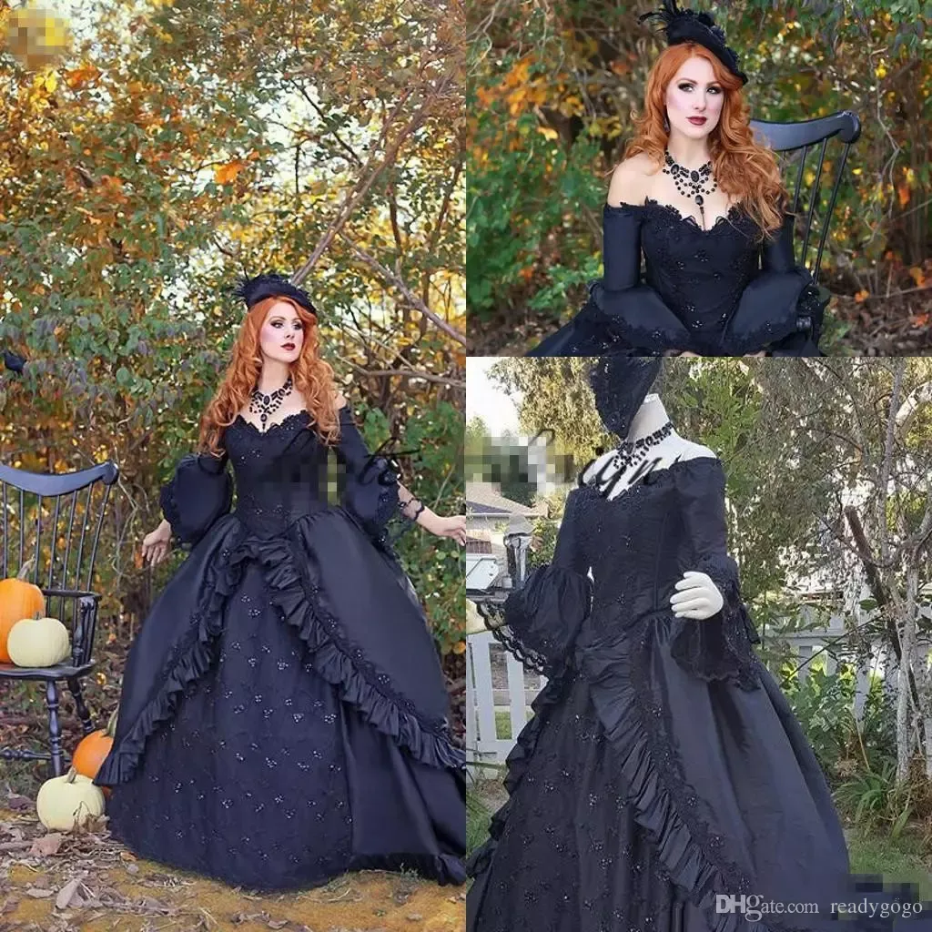 Vintage viktorianisches schwarzes Brautkleid mit langen Ärmeln, 2019 Retro-Plus-Size-Spitze, schulterfreies Gothic-Korsett, Schnür-Hochzeits-Brautkleid