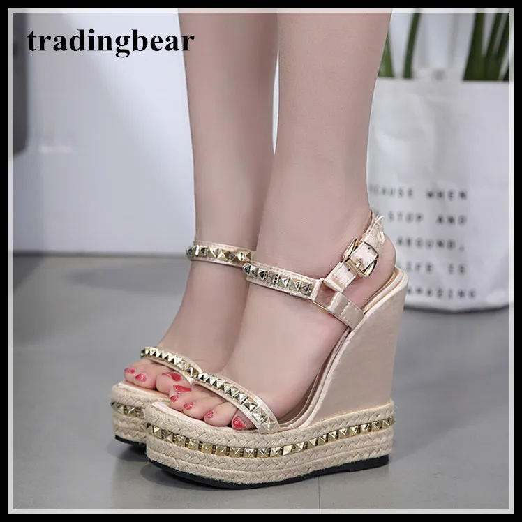 15cm Fashion rivets straw woven platform wedges sandals beige super high heels designer shoes 2018 size 35 to 40