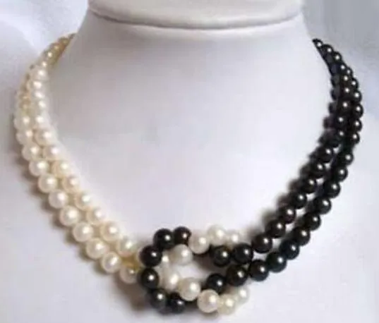 Colliers de perles 8-9mm Collier de perles naturelles NOIR BLANC Fermoir en or 18 pouces