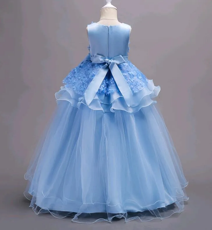 Children Costumes Long Style Lace Flower Girls Dresses Layers Korean Party Wear for 5-16 years old kids