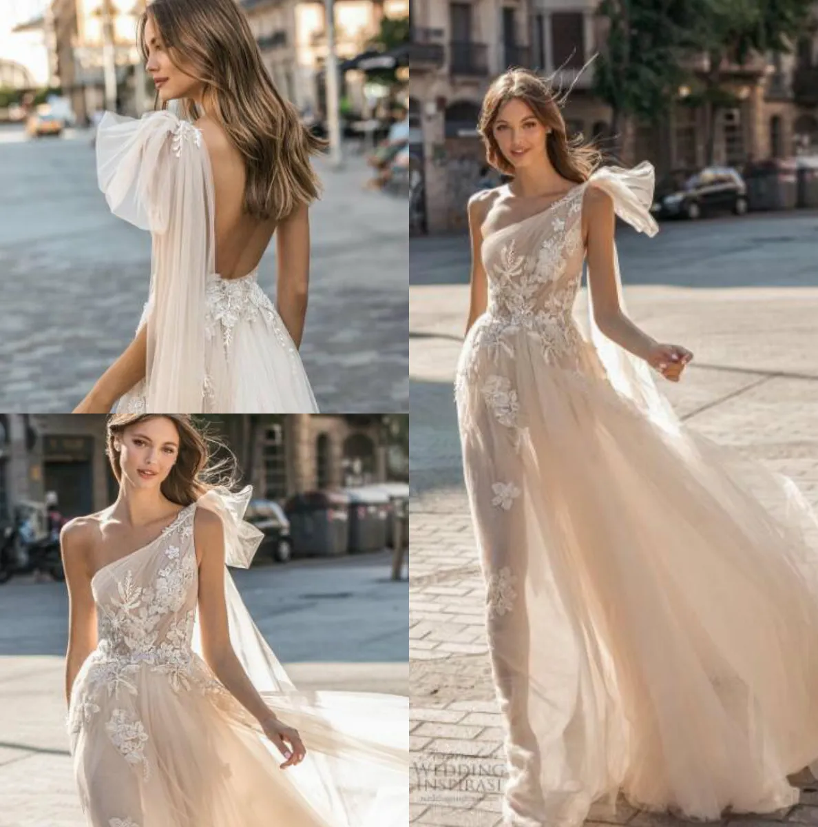 Muse av berta 2019 Bröllopsklänningar En axel Backless Bridal Gown Appliqued A Line Beach Boho Simple See Through Wedding Dress