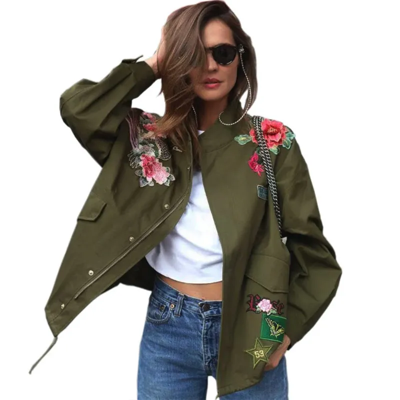 Women Basic Coats Peony Floral Army Green Summer Embroidery Jacket ...