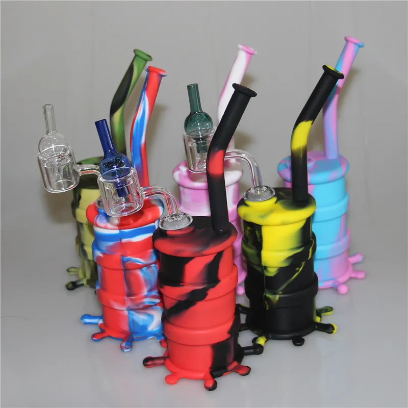 Silicone Narguilé Huile Tambour Rigs Mini Silicone Rigs Eau Bongs Tuyaux avec double tube quartz banger et bouchon de carpe en verre