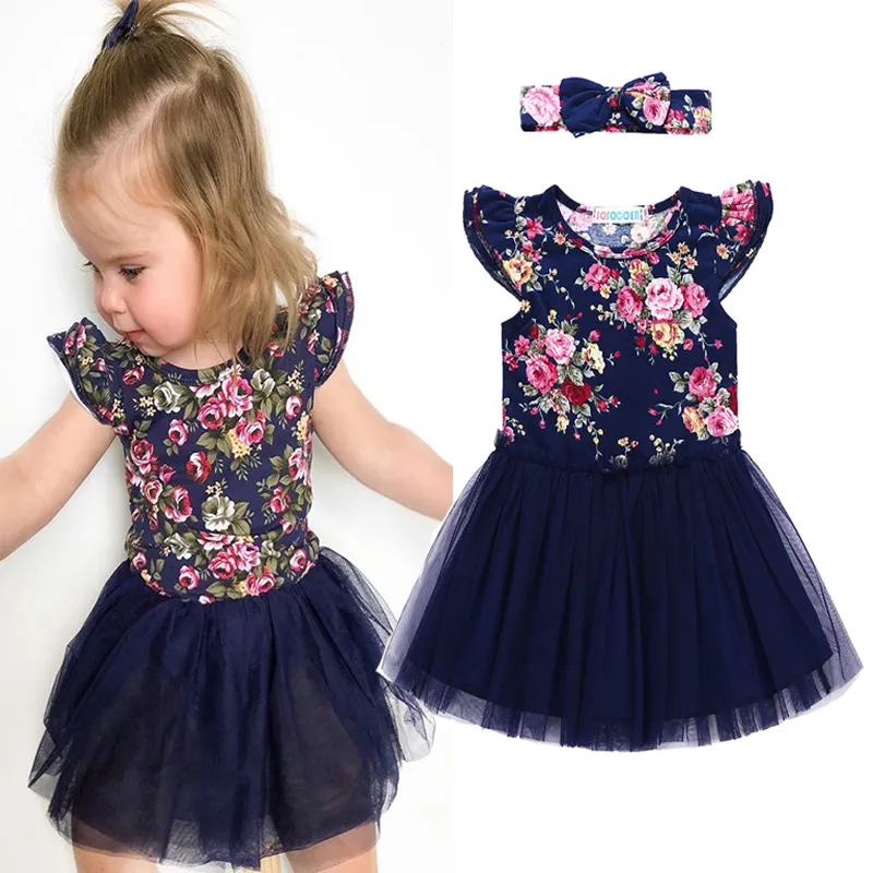 Roupas de bebê 2018 mais novo bebê meninas vestido moda flores impresso gaze vestido + Headband 2pcs crianças recém-nascidas meninas requintado vestidos de princesa