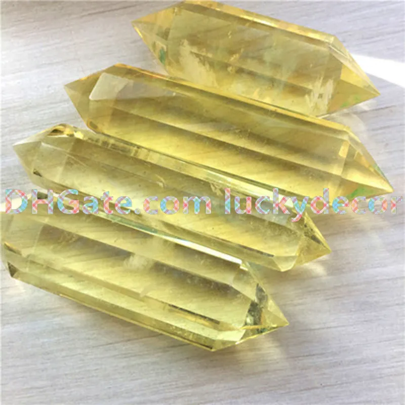 Jaune Éperlan Quartz Cristal Double Terminé Points Baguette Chakra Grille Guérison Reiki Énergie Cristal Fondu Quartz Curio Étagère Ornement