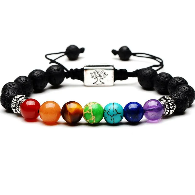 2023 Yoga Handmade 7 Chakra Albero della vita Fili di fascino Braccialetti di perline Pietre laviche Perline Corda Bracciale in pietra vulcanica nera bracciali da donna e da uomo