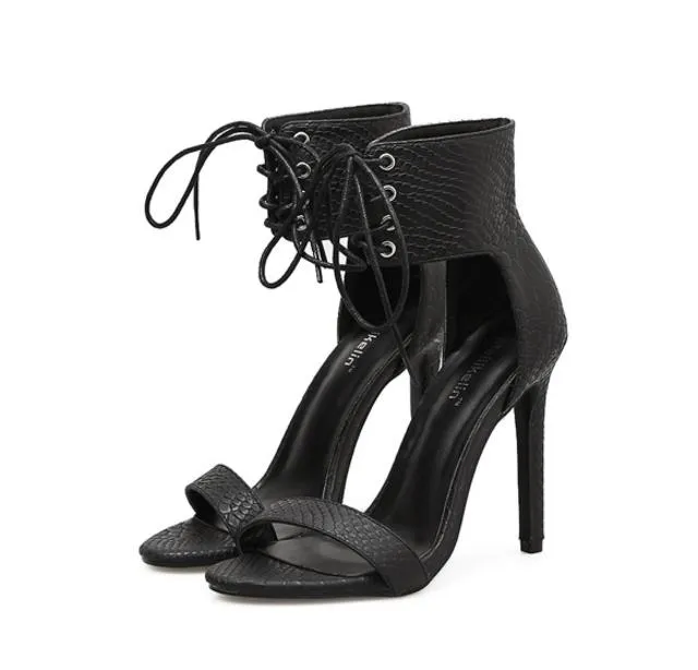 Hot Sale Sexy white black lace up open toe high heels ankle strap shoes PU leather 2018 new size 35 to 40