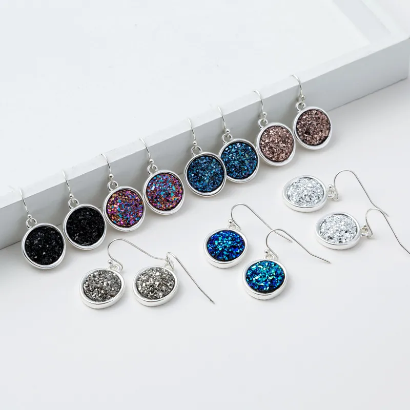 Мода 6 цветов druzy drusy серьги посеребренные квадратный геометрия искусственный камень мотаться серьги для женщин ювелирные изделия