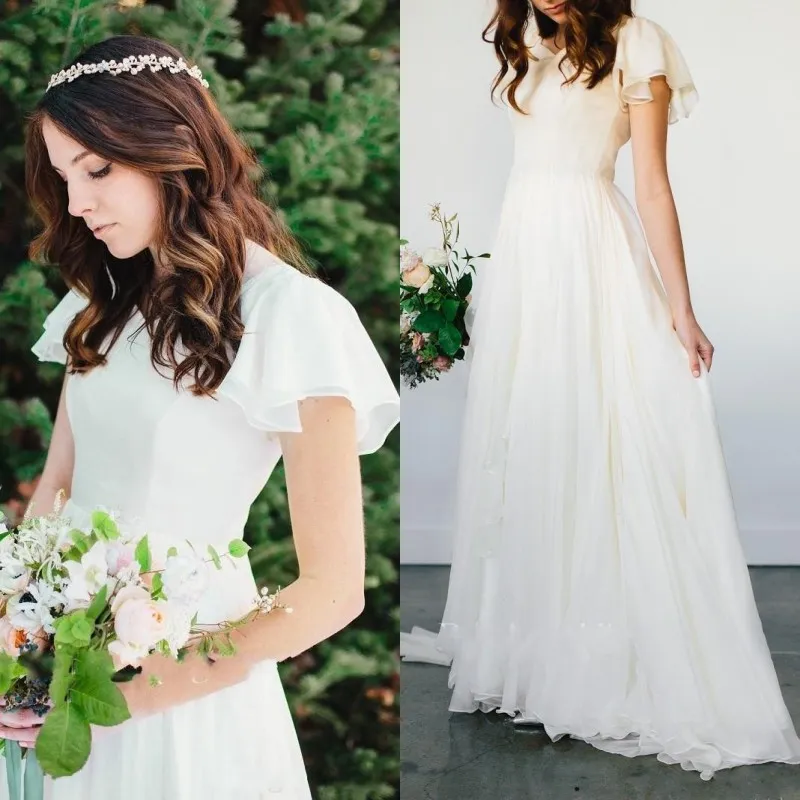 Boho Short Sleeves A line Beach Wedding Dress with Beaded Belt Flowy Chiffon Bohemian Bridal Gown