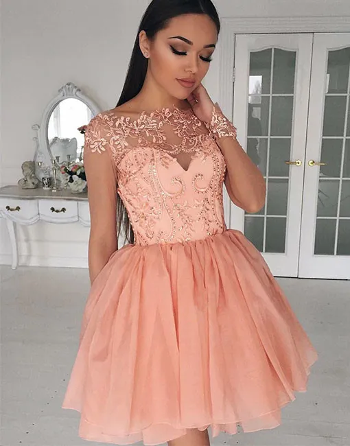 Fashionable Coral Illusion Long Sleeve Prom Dresses Sexy Tulle Beaded Applique Homecoming Party Sweet 16 Short Evening Gowns vestidos 2018