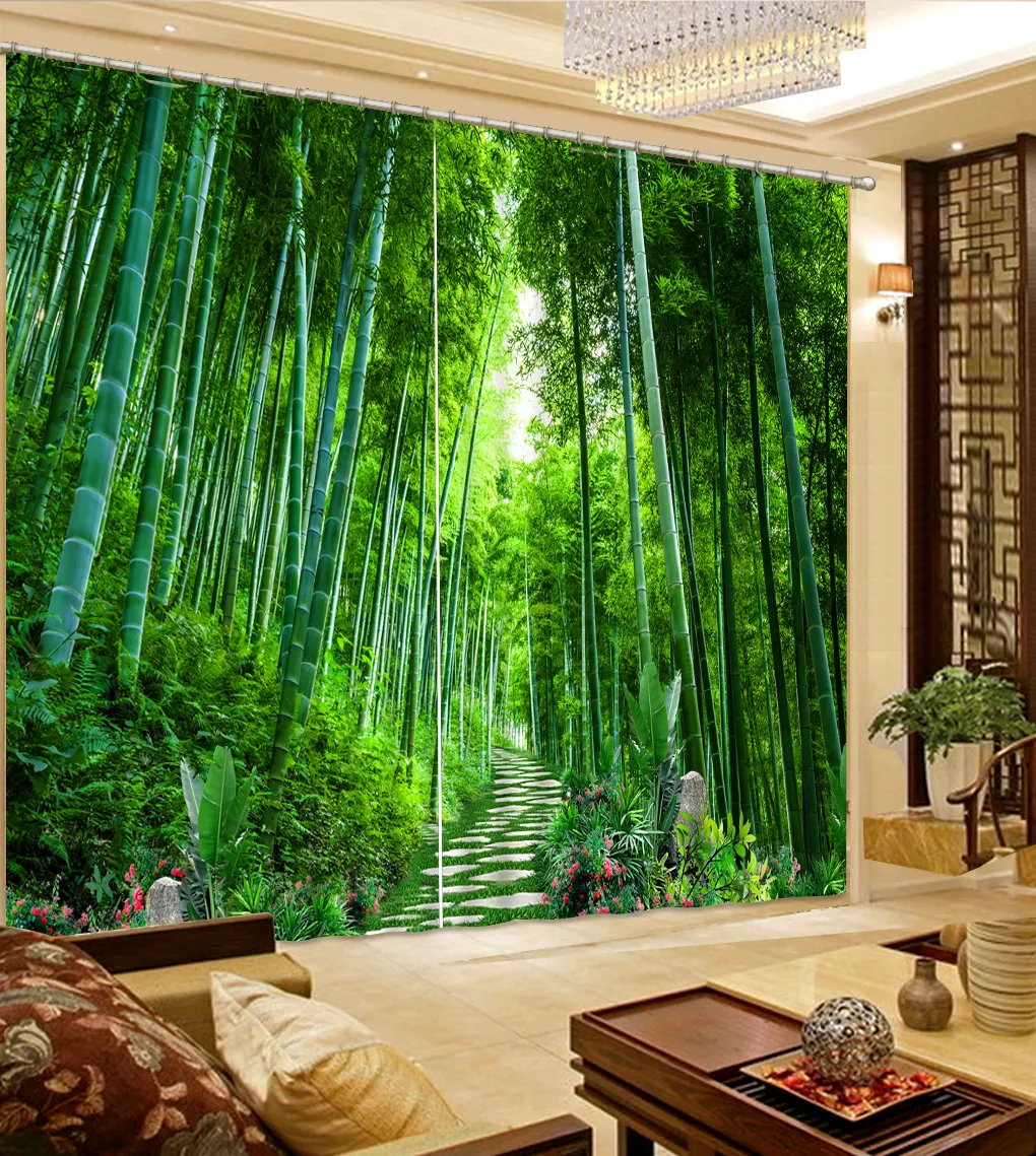 寝室のための写真竹林の風景ライブルームの窓のカーテンモダン