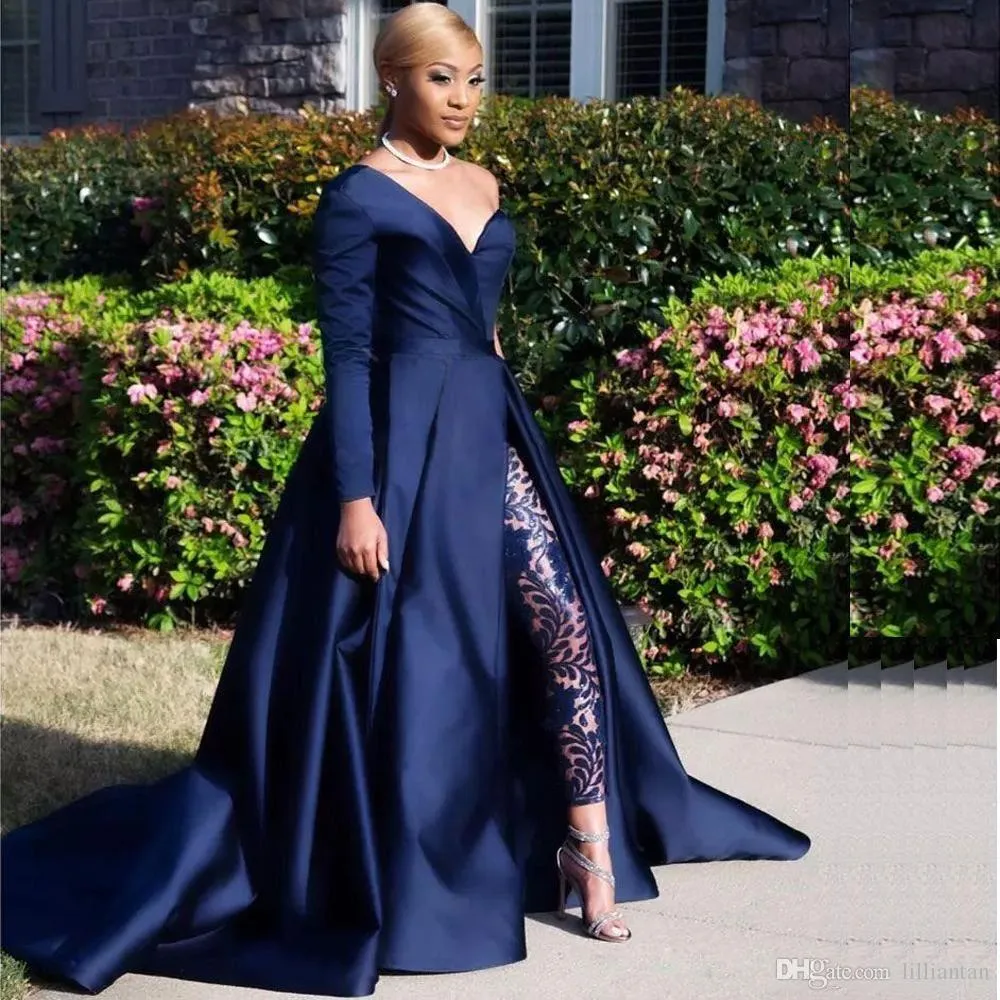 One Shoulder Long Sleeve Prom Dresses Pant Suits A Line Graduation Dresses Dark Navy Split Evening Party Gowns Jumpsuit Celebrity Dresses