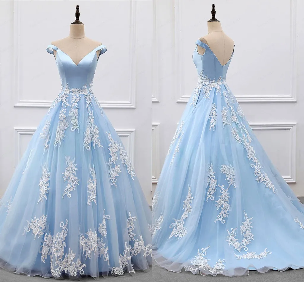 Actual Image Elegant Baby Blue With Ivory Lace Applique Dresses Evening Party Wear Off shoulder Sleeves Organza Formal Prom Gowns Long