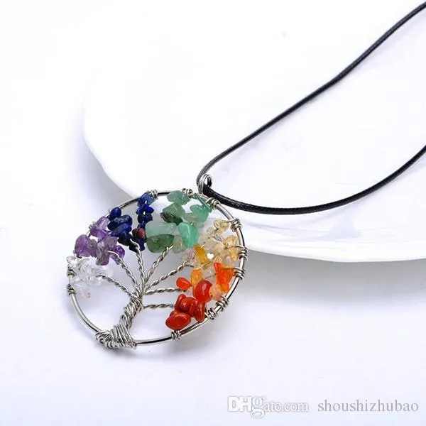 Vintage Women`s Girl Natural Crystal Quartz Gemstone 7 Chakra Healing Tree of Life Pendant Necklace Jewelry Gift Hot