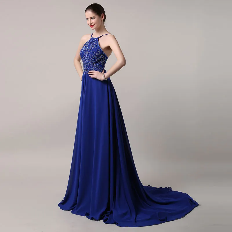 Exquisite Blue Halter Chiffon cobalt Blue evening dress with Diamond Ornaments and Long Section for Formal Dance Parties - HY1808 Exquisite Blue Halter Chiffon cobalt Blue evening dress with Diamond Ornaments and Long Section for Formal Dance Parties - HY1808