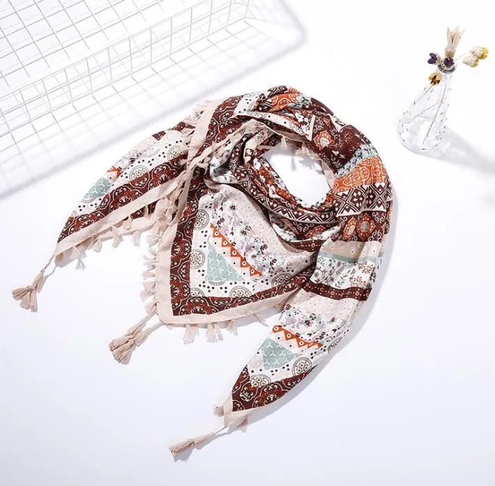 Hot Sell Women Scarf Cotton and Linen Printing Square Wraps Girl Nice Tassels Scarf Multi Styles