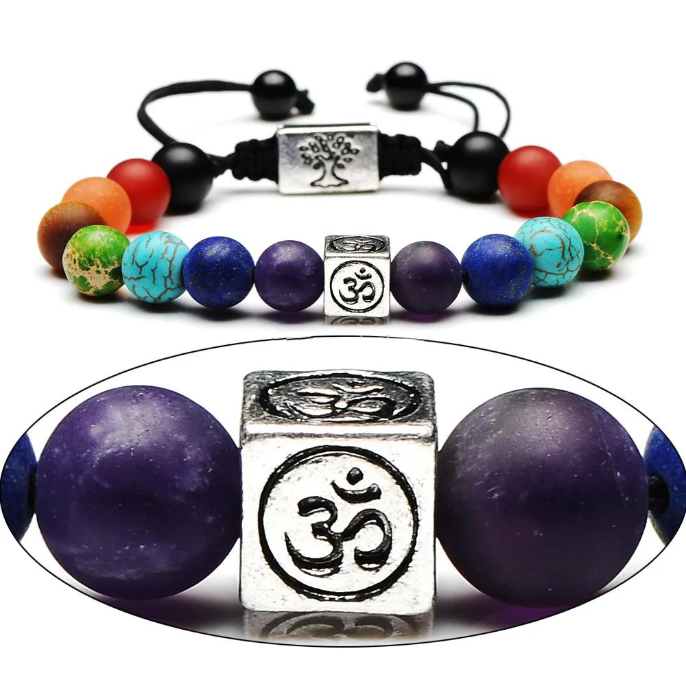 Pulsera de piedra de Lava negra a la moda, árbol cuadrado de la vida, 7 cuentas de Chakra, mujeres, hombres, OM Yoga, pulsera de Buda, regalo de joyería