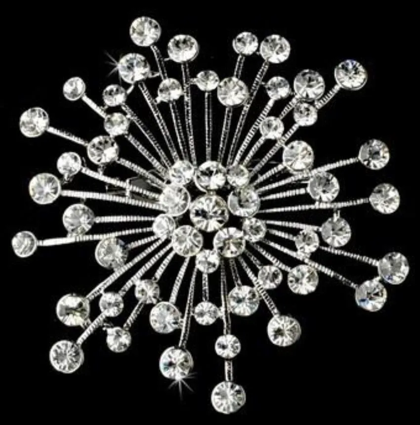 Rhodium Silver beautiful clear crystal brooch encrusted with dozens of sparkling crystals