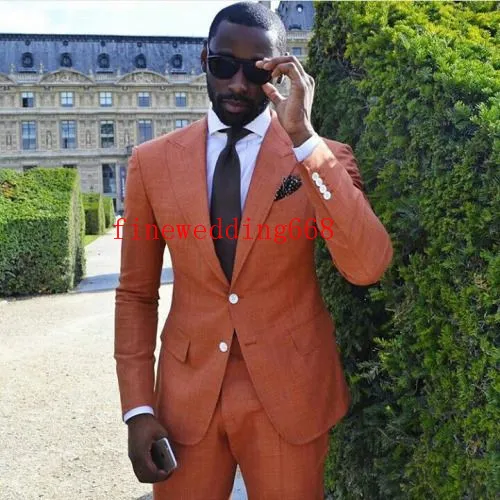 Cool Peak Lapel Orange Groom Tuxedos Men Suits Wedding Prom Dinner Best Man Blazer Black brothers Wedding(Jacket+Tie+Girdle+Pants)