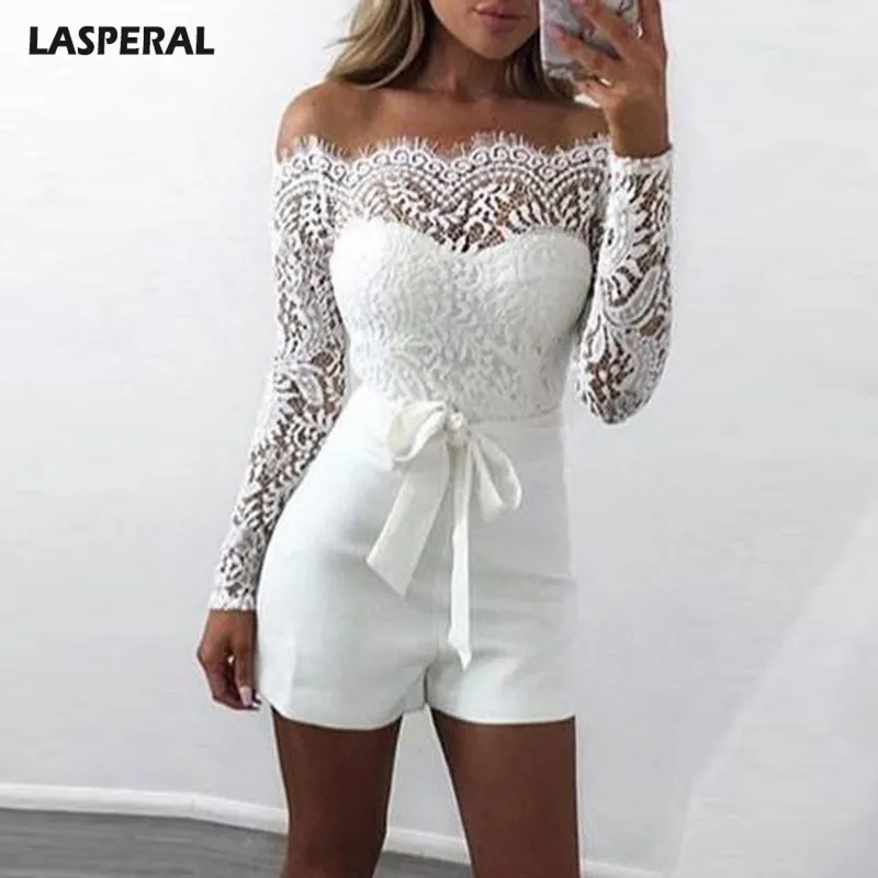 LASPERAL Sexy Lace Off Shoulder Womens Jumpsuit Patchwork Bodycon Rompers 2018 New Arrive Body de manga larga para mujer