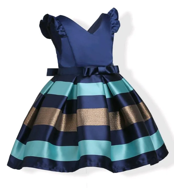 Fashion Puff Sleeves Mix Color Stripe Jacquard Party Dress for Girls Wedding Satin Europe and American Princess Dresses fit 3-10 Years kids