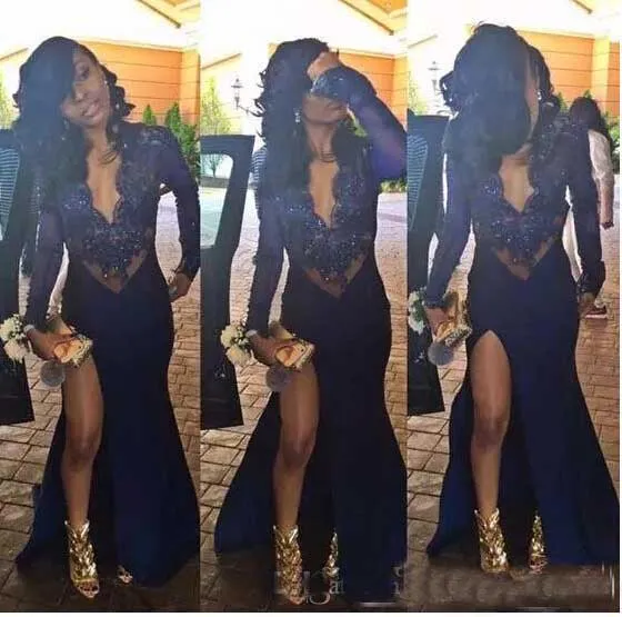 Afrikansk Sexig Svart Tjej Långärmad Prom Klänningar Plugging V Neck Minmaid Party Dress Beaded High Slit Sheer Navy Blue Long Aftonklänningar