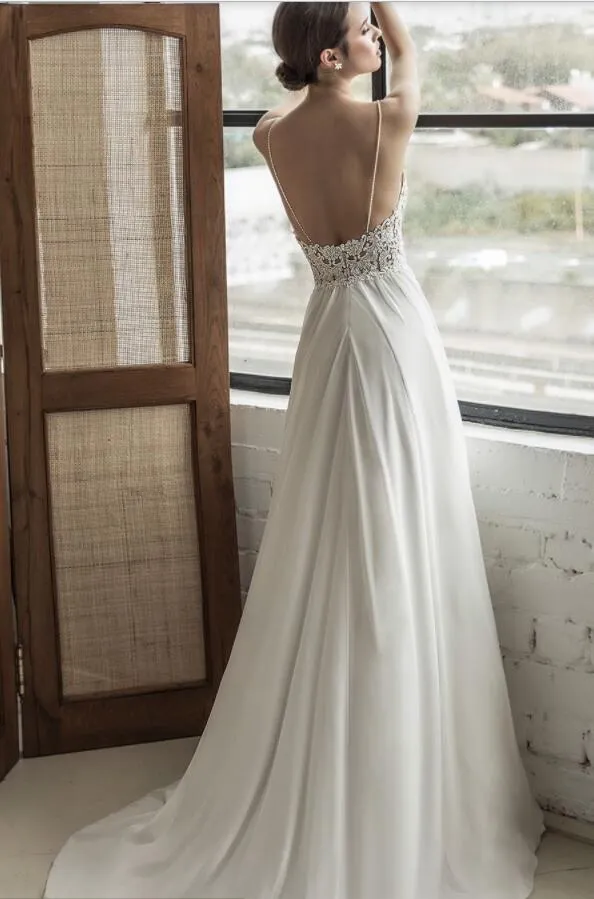 2019 Julie Vino Beach Wedding Dreess Side Spling Spaghetti Sweep Train Lace Applique Sexy Boho 신부 드레스 플러스 크기 Abiti da Spo257U