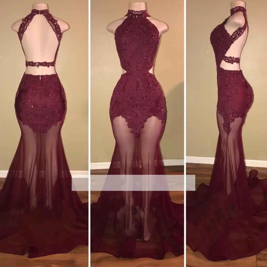 Burgundia Sexy Długa Syrenka Prom Dresses Jewel Neck Backless Cekinowe Koraliki Posze Przez długość podłogi Formalna Party Nosić wieczorowe suknie