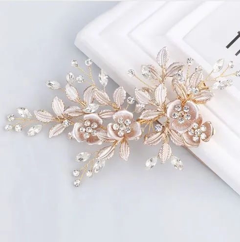 Gorgeous Handmade Golden Austrian Crystals Rhinestones Flower Leaf Wedding Hair Clip Barrettes Bridal Headpiece Hair accessories