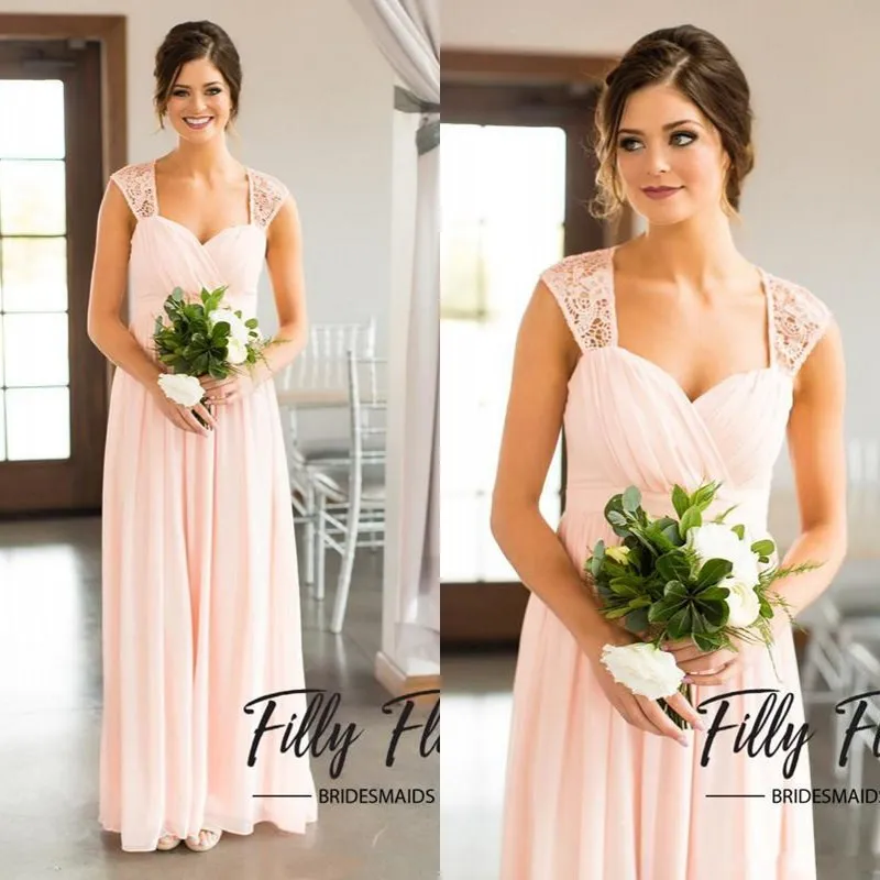 2018 Blush Mint Royal Blue Chiffon Country Bridesmaid Dresses Long Cheap Lace Scoop Cut Out Back Floor Length Maid Of Honor Gown EN2241