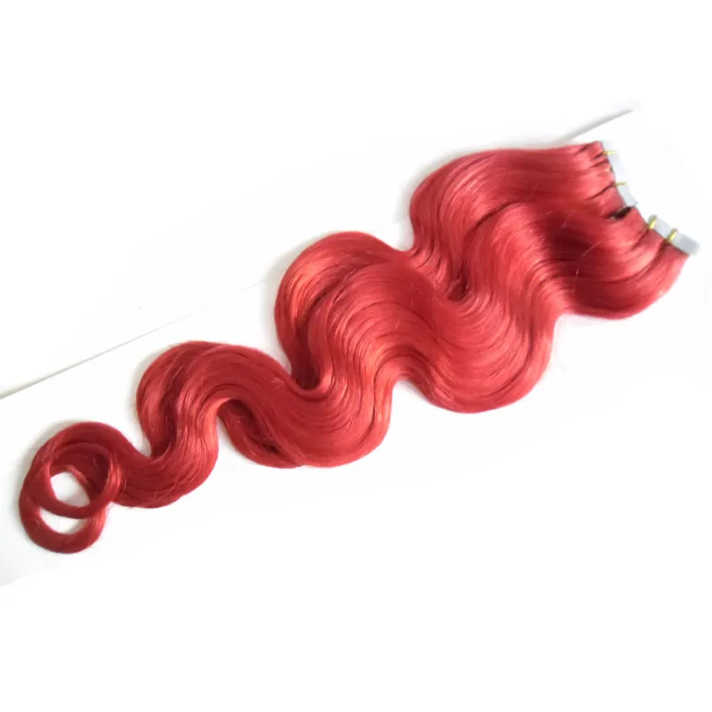 18 "20" 22 "24" Tape i remy Mänskliga hårförlängningar 40st Röd kroppsvåg Hudväfthår på lim Sömlöst hår 100g