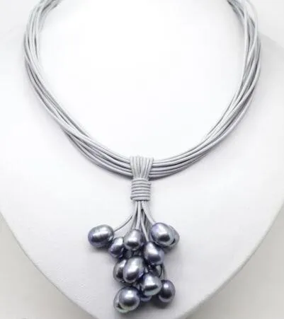 Nouveau collier pendentif en cuir gris naturel noir perle de culture d'eau douce 17.5