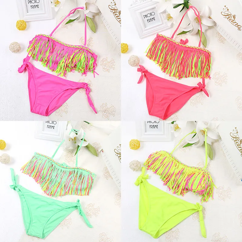 Dzieci Tassel Stroje kąpielowe Stroje Kąpielowe Dziewczyny Tassel Top + Szorty 2 Sztuk / Zestaw 2018 Lato Bikini Kids Swimsuit C3869