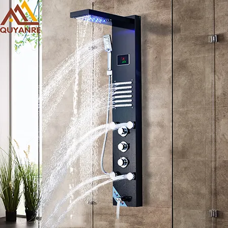 Black LED Shower Panel Rain Waterfall Shower Temperature Screen Massage SPA Jet Three Handles Mixer Tap Sink Faucet Set
